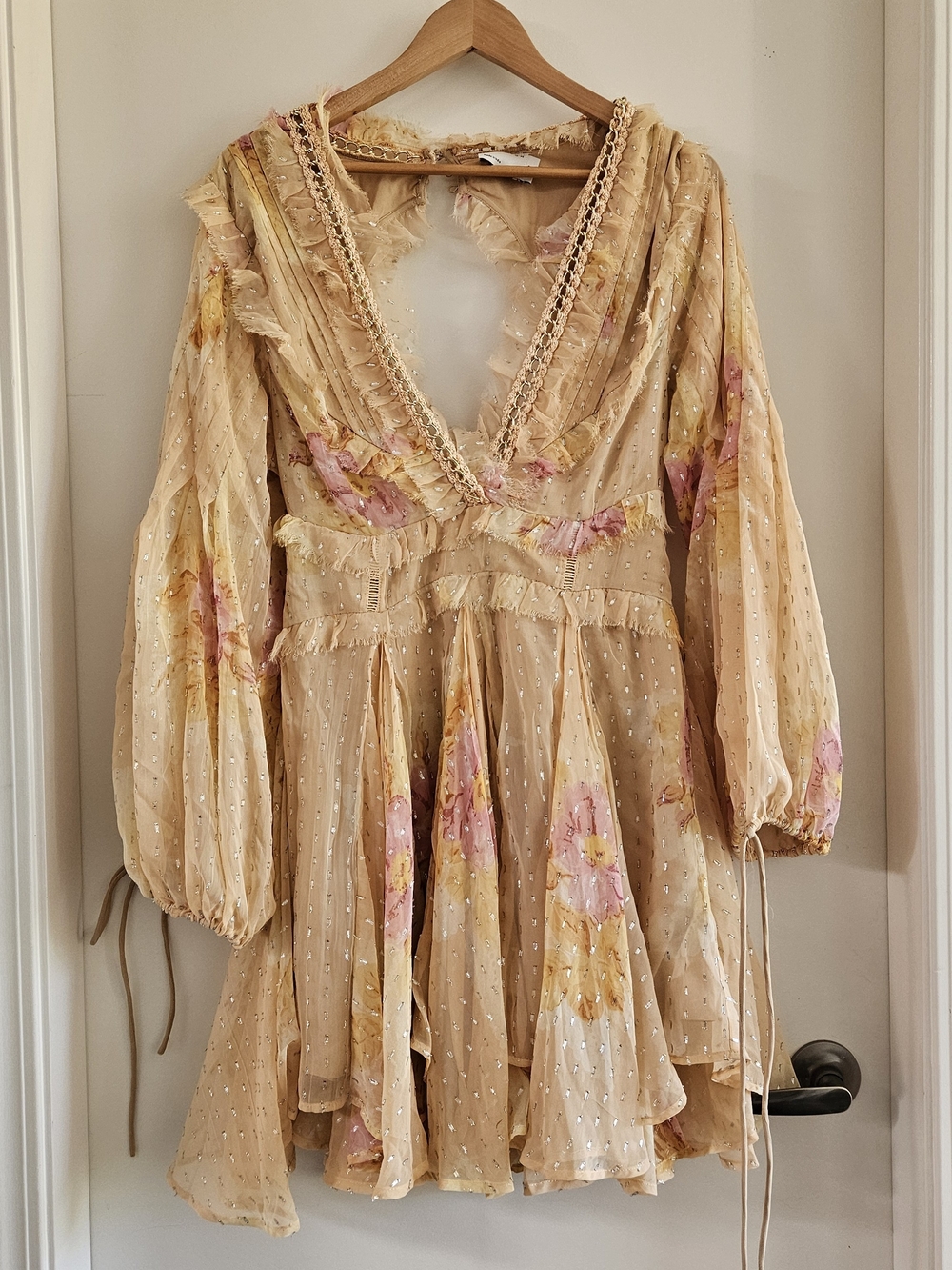 ASOS Beige Floral Long Sleeve V-Neck Mini Dress with Pink Accents